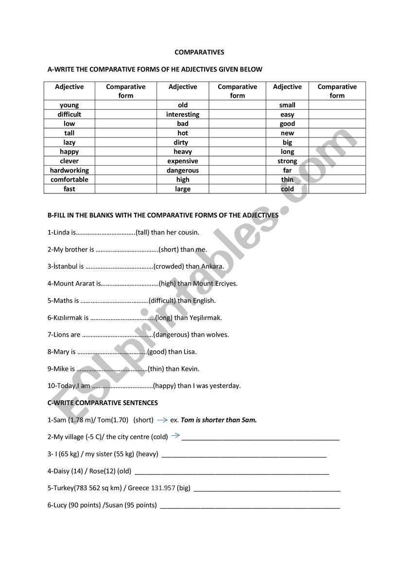 comparatives and superlatives worksheet