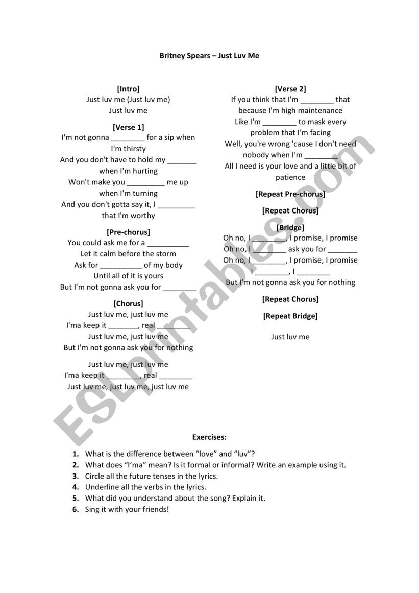 Just Luv Me (Britney Spears) worksheet