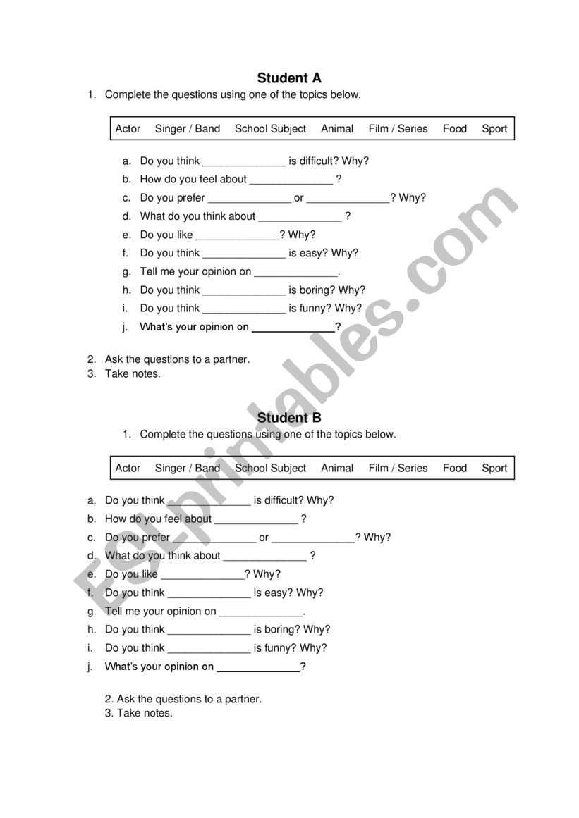 Asking and giving opinion worksheet