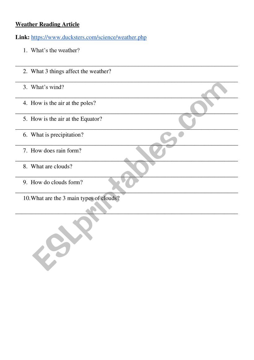 Weather Reading Article worksheet
