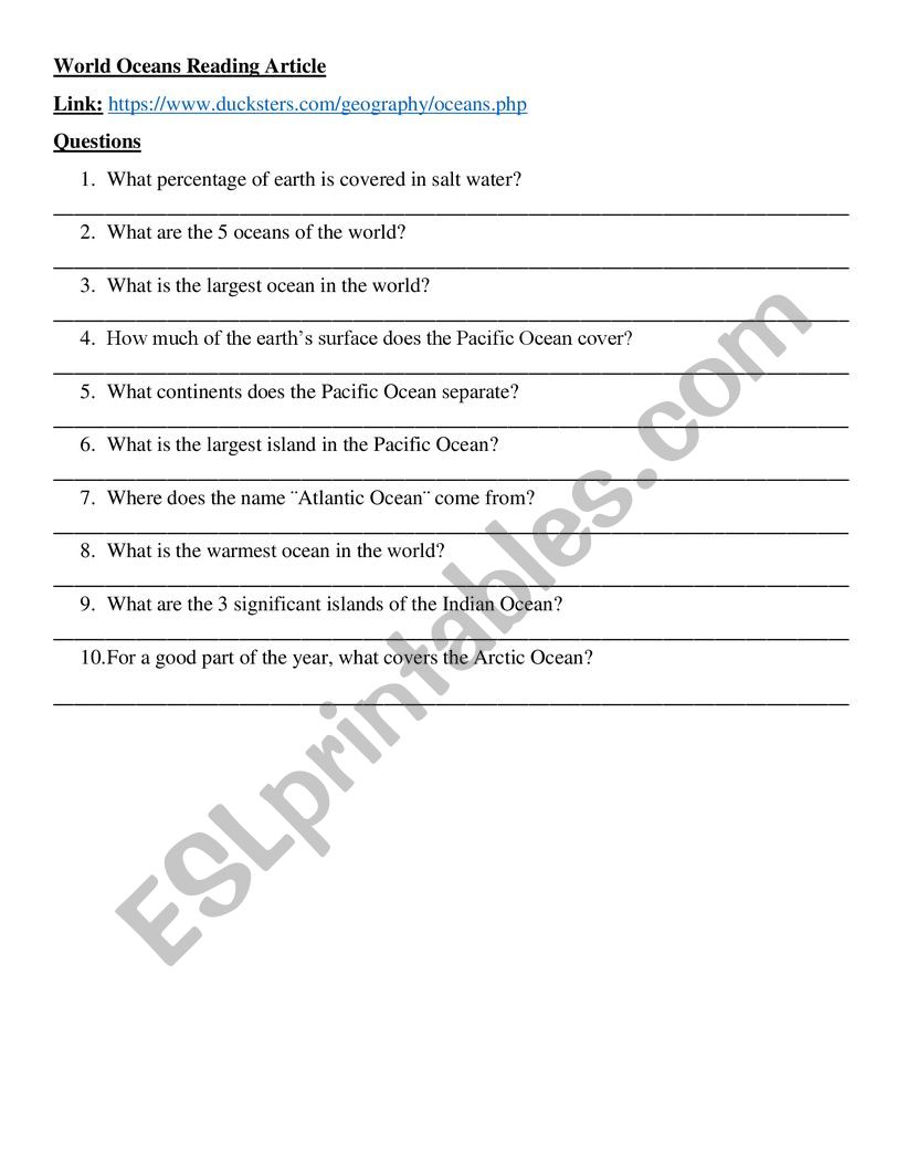 World Oceans Reading Article worksheet