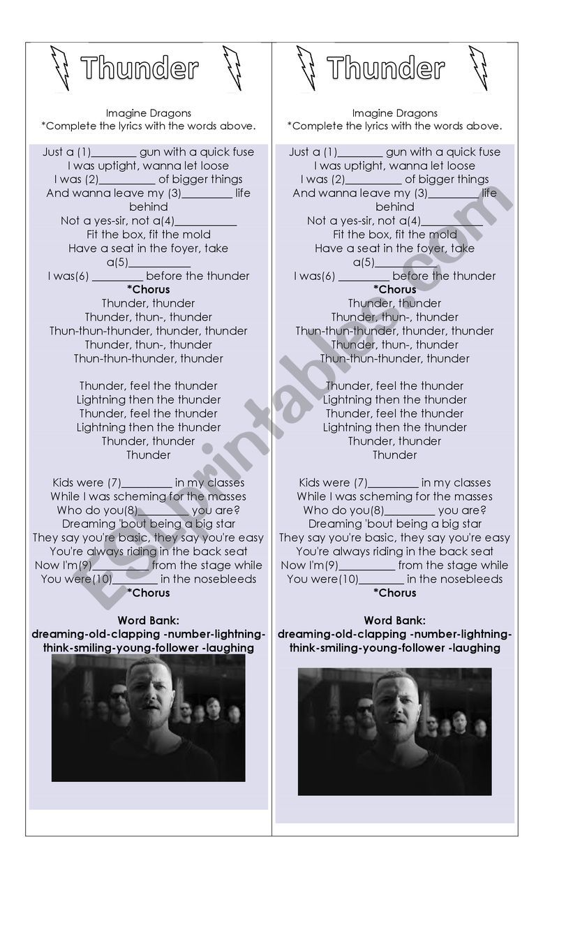 thunder imagine dragons  worksheet