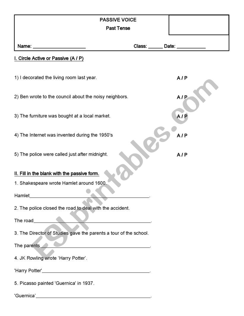 Passive voice - Past tense worksheet