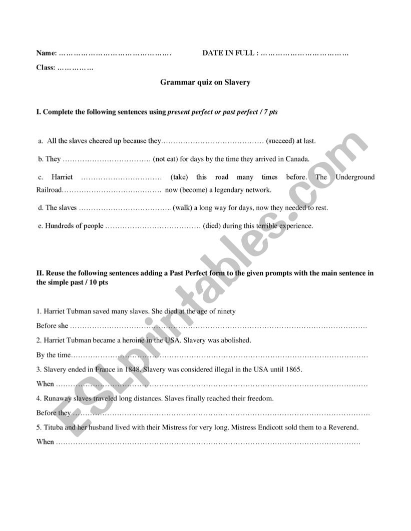 GRAMMAR QUIZ ON SLAVERY worksheet