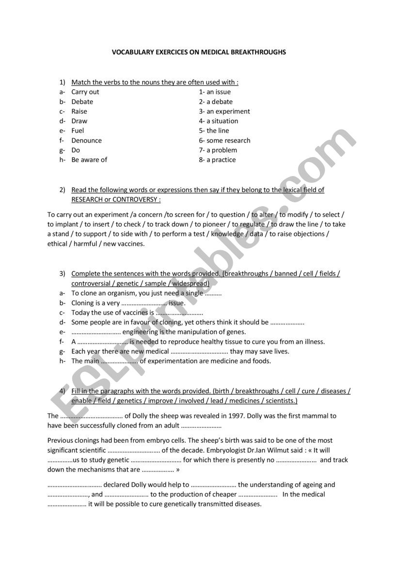 Medical vocabulary worksheet