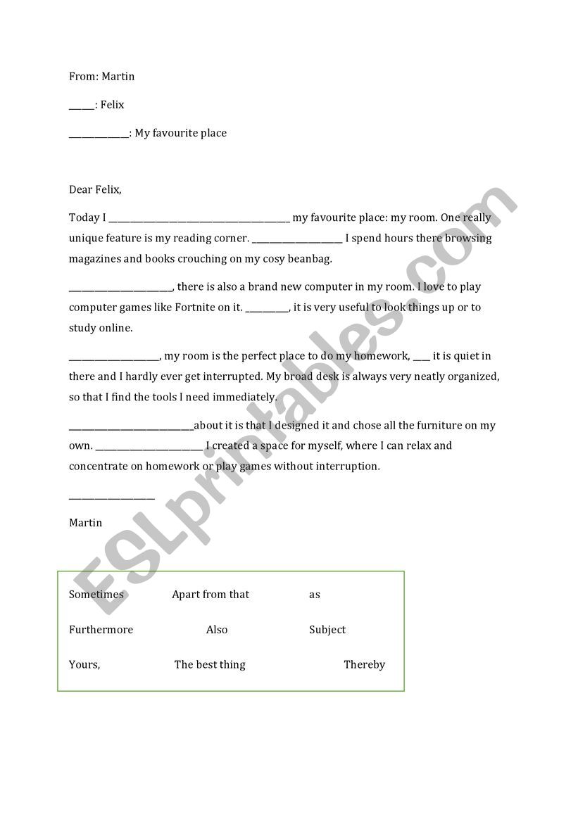 My favourite place - gap fill worksheet