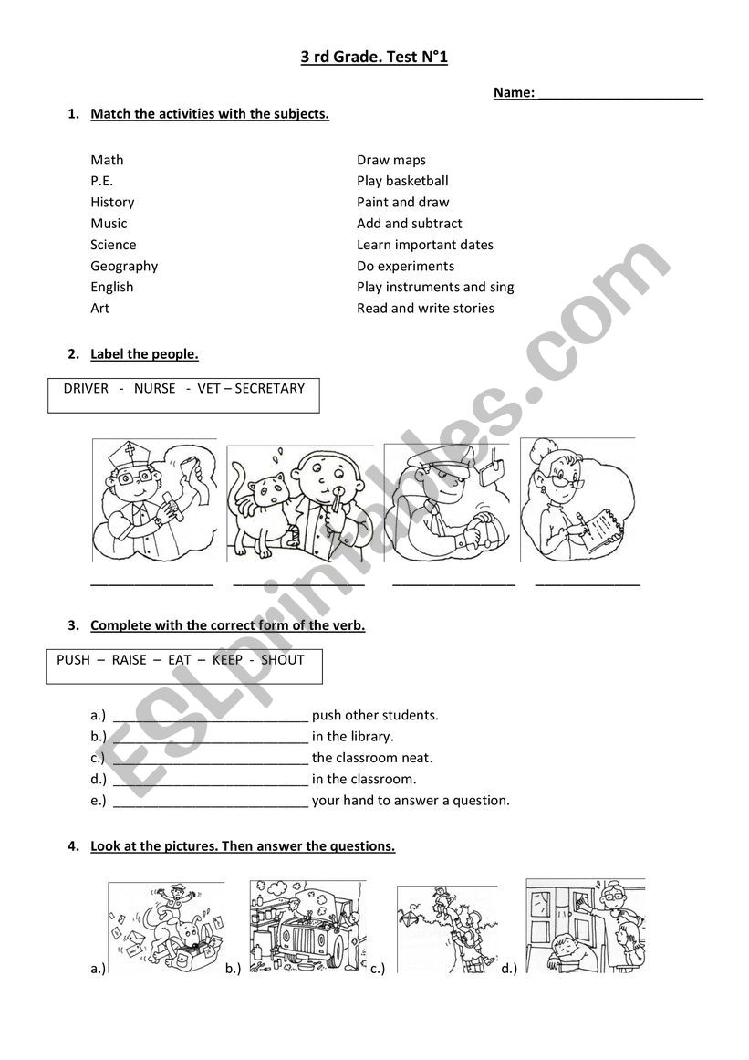 English Test Children (Subjects, Jobs, Routines, Comparatives and Superlatives)