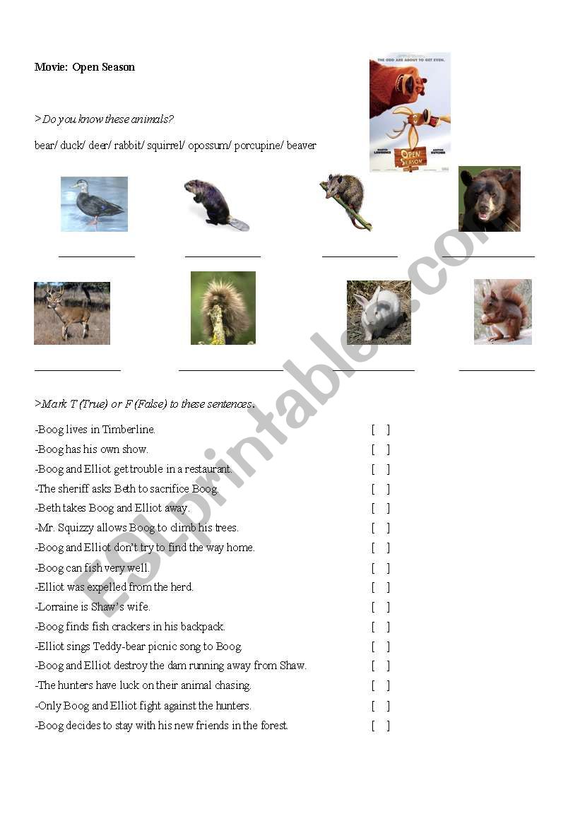 Movie: Open Season worksheet