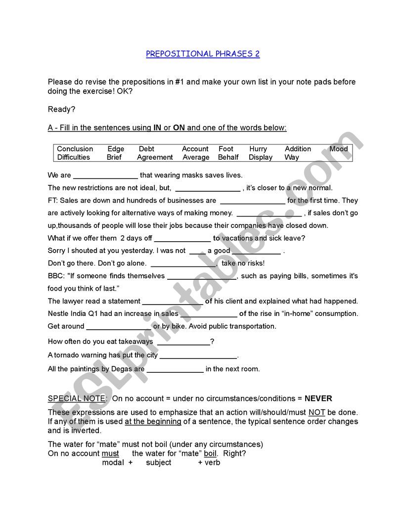 Prepositional Phrases 2 in on worksheet