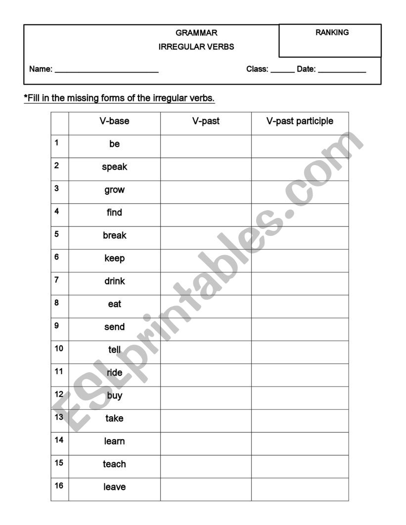 IRREGULAR VERBS worksheet