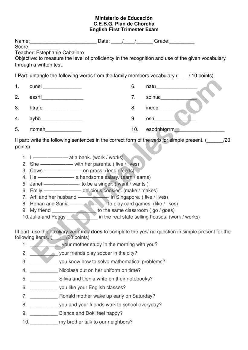 9th grade exam worksheet
