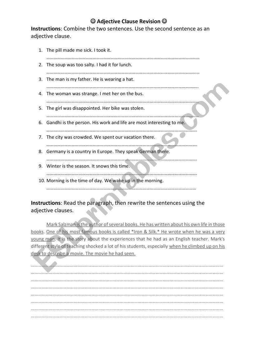 Adjective Clause Revision worksheet