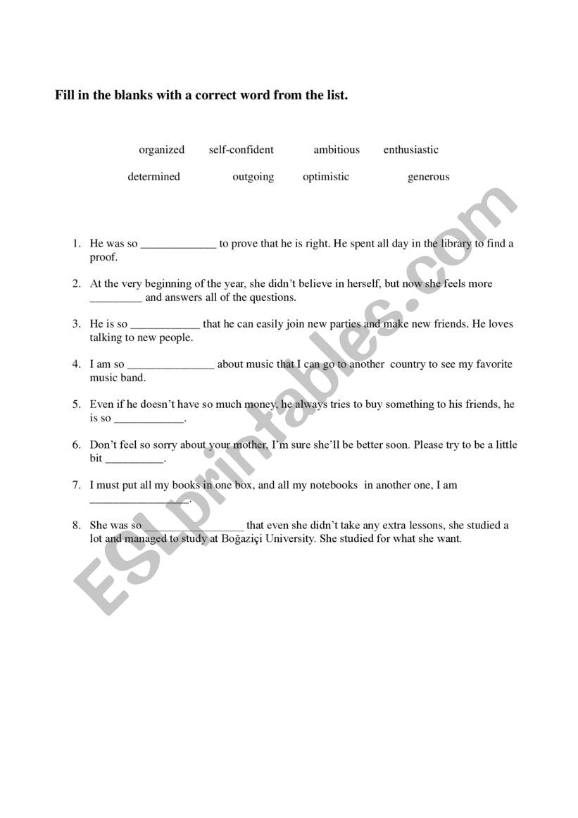 personality adjectives worksheet