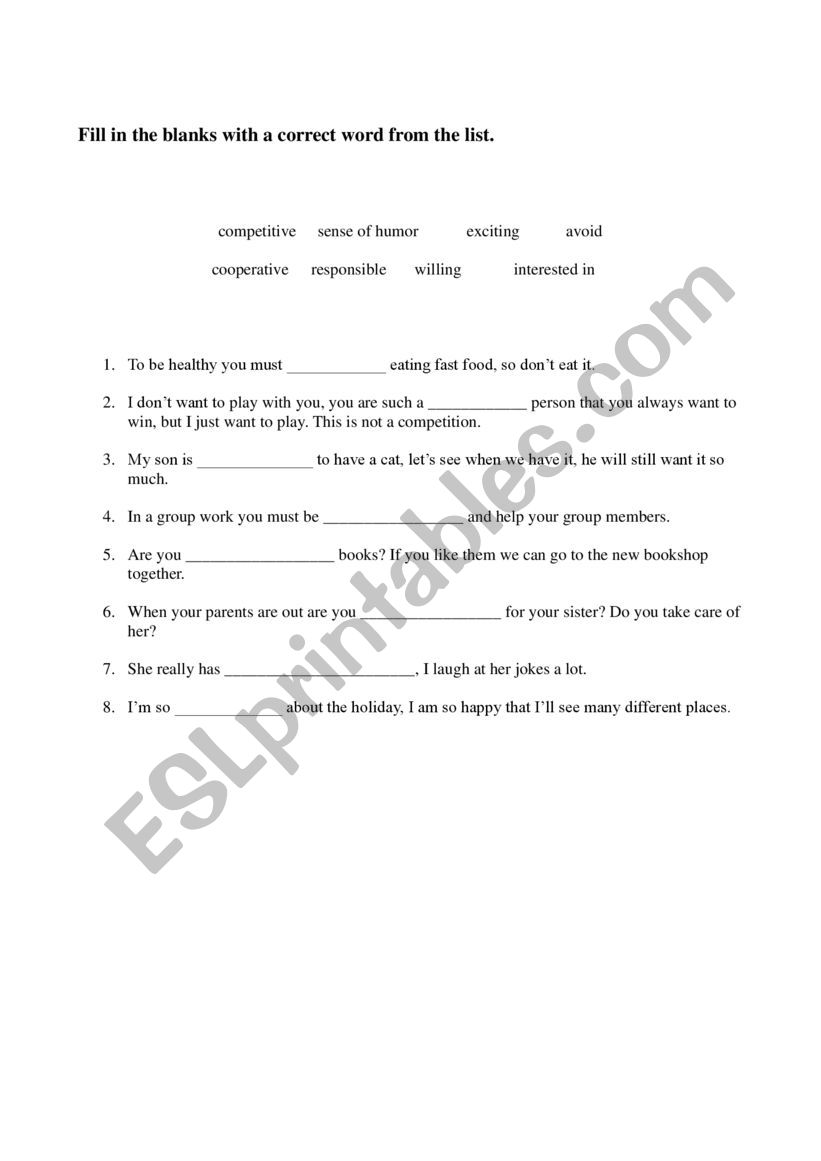 personality adjectives worksheet