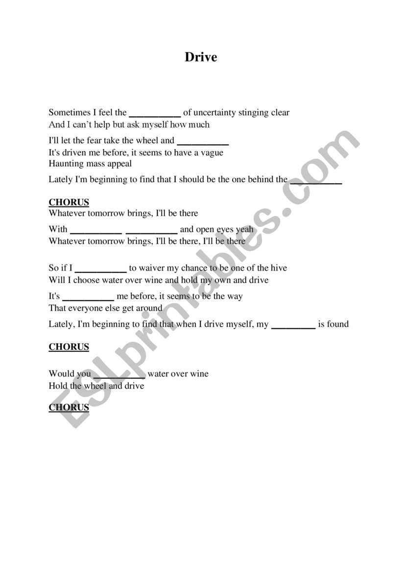 Drive  Incubus  Gap Fill worksheet