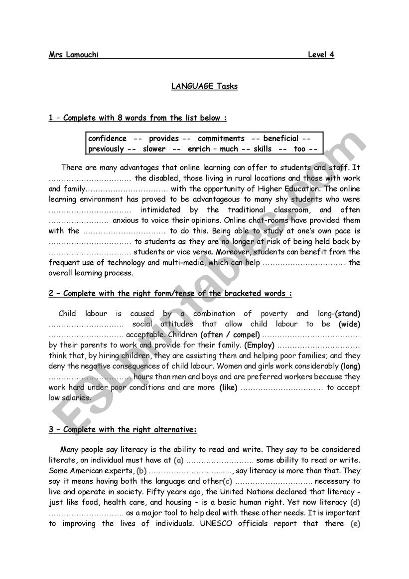 Language tasks level 4 worksheet