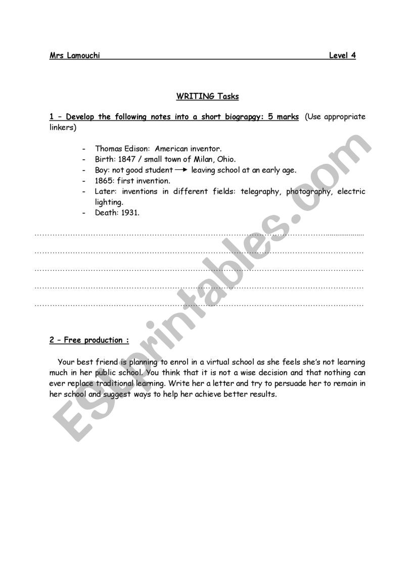 Writing tasks / level 4 worksheet