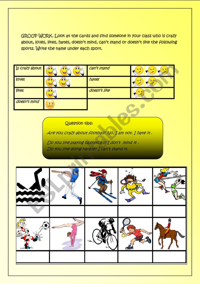 LIKES AND DISLIKES SPORTS  worksheet