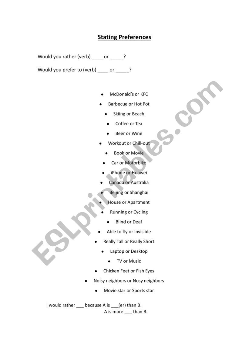 Stating preferences - oral practice
