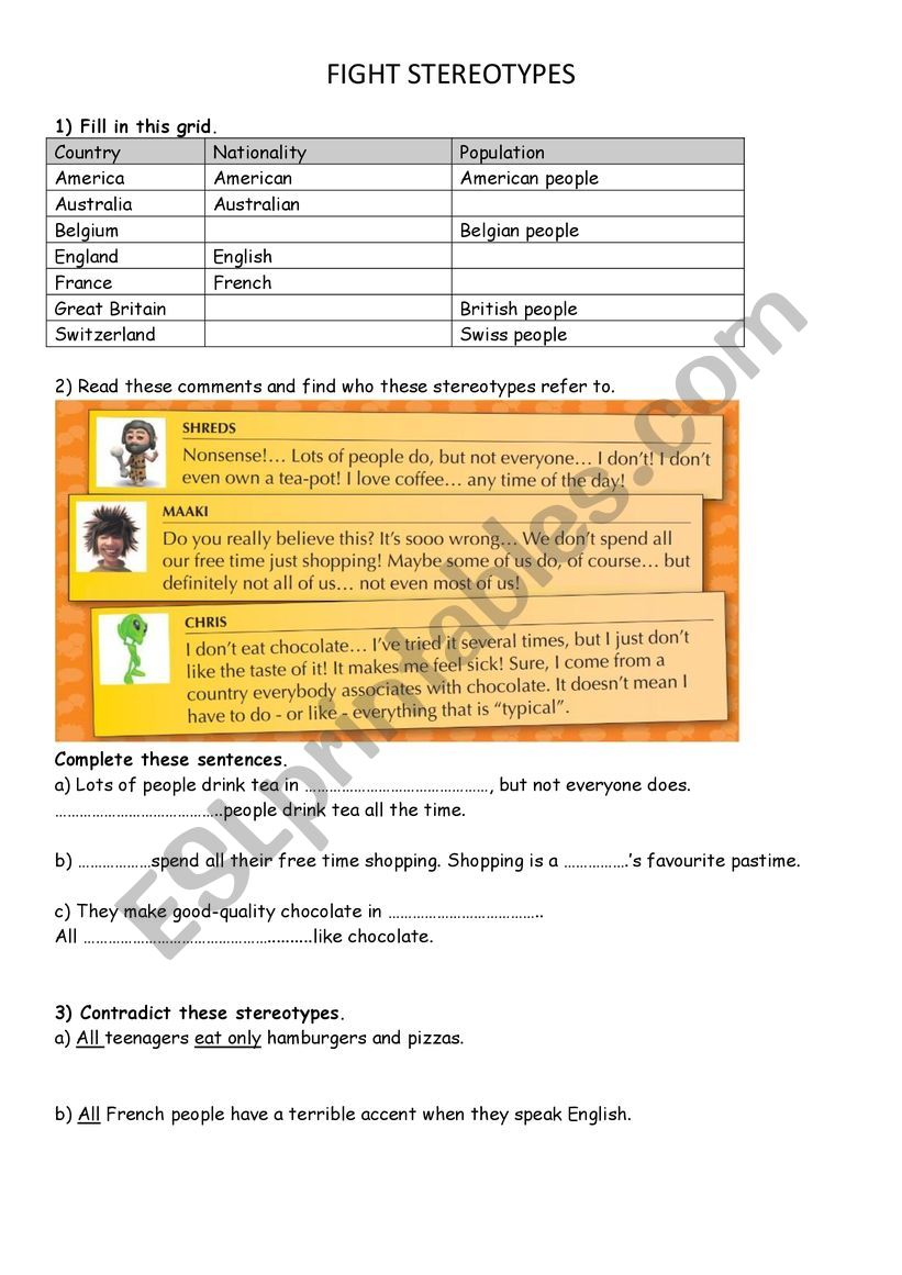 Fight steretypes worksheet