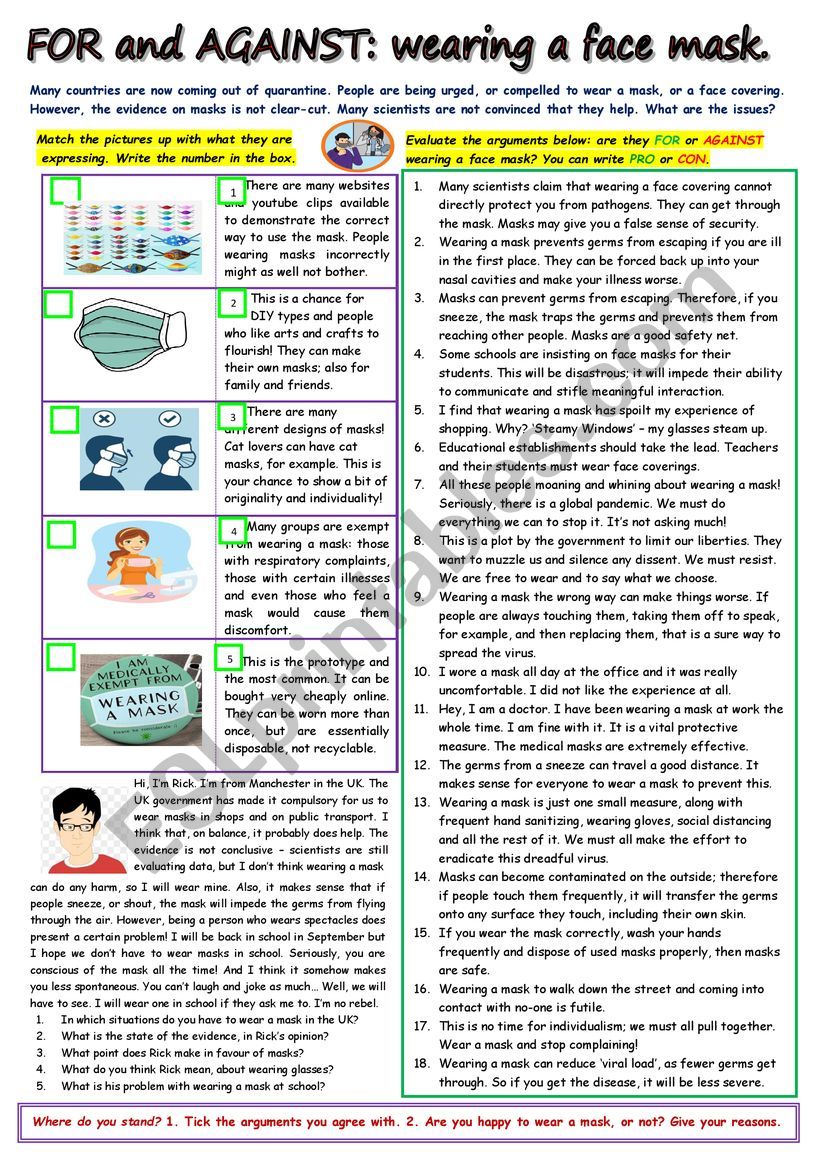 FOR and AGAINST: face masks worksheet