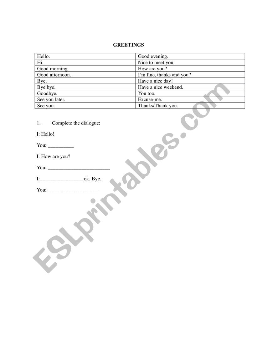 Greetings worksheet