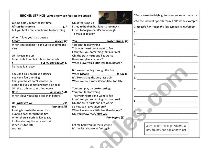 Reported Speech Song Activity worksheet