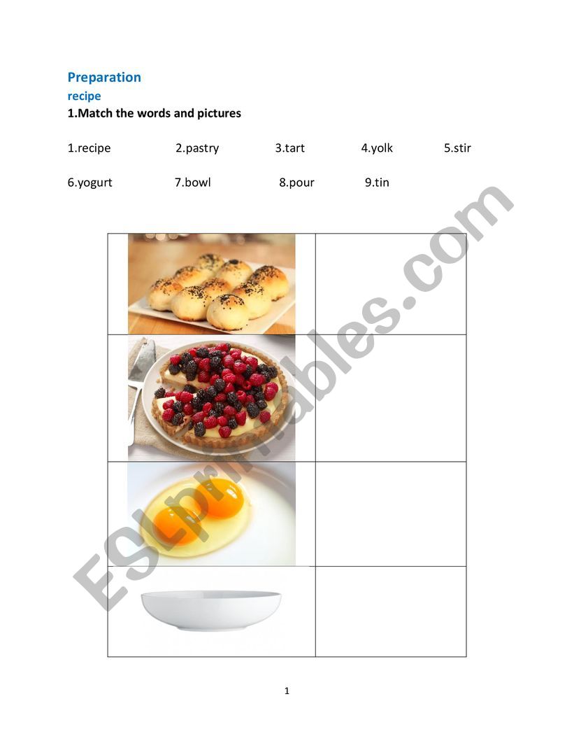 recipe vocabulary worksheet