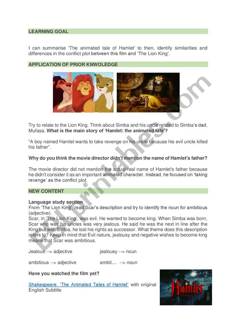 I can summarise �The animated tale of Hamlet� to identify similarities and differences in the conflict plot between this film and �the Lion King�.