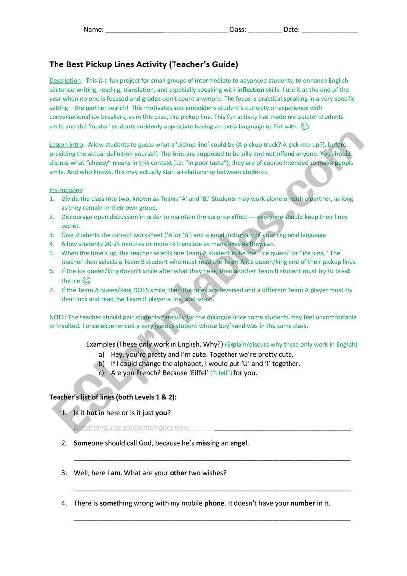 Pickup Lines Team Activity worksheet