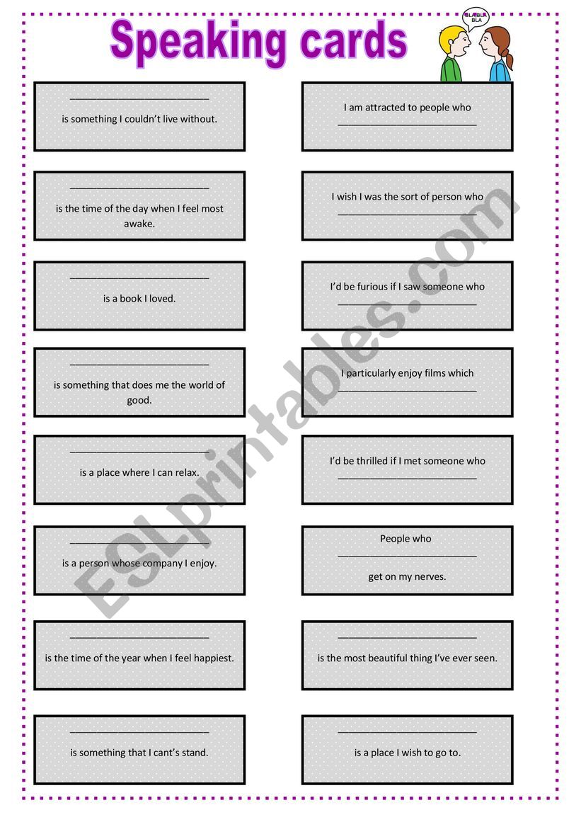 Speaking card worksheet