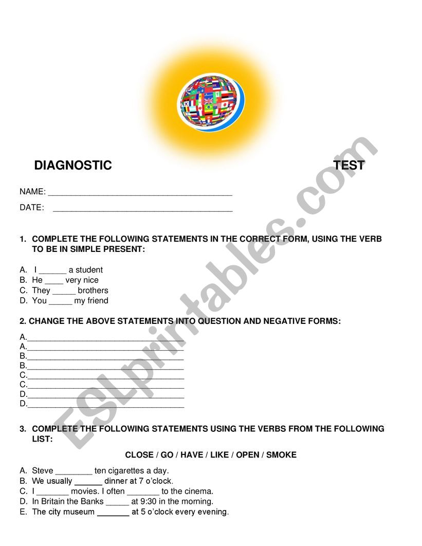 DIAGNOSTIC TEST worksheet