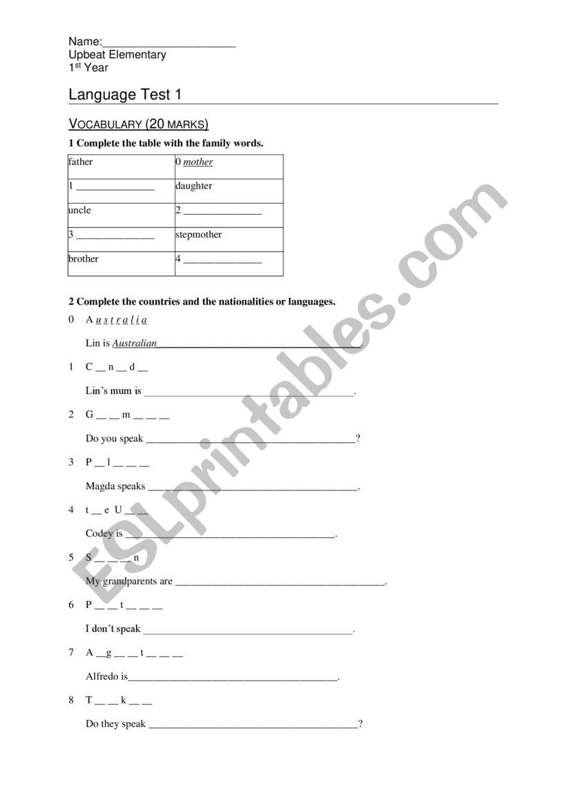 Upbeat Elementary Test Unit 1 worksheet