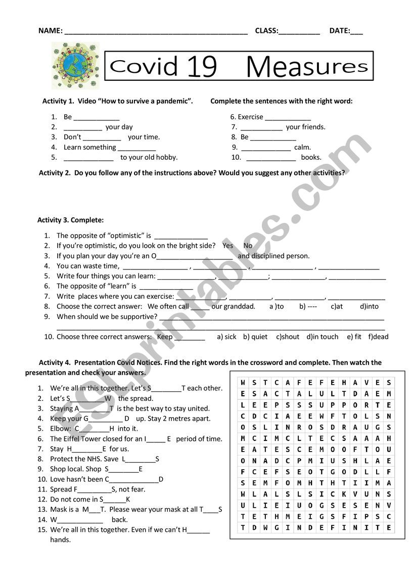 COVID 19 MEASURES worksheet