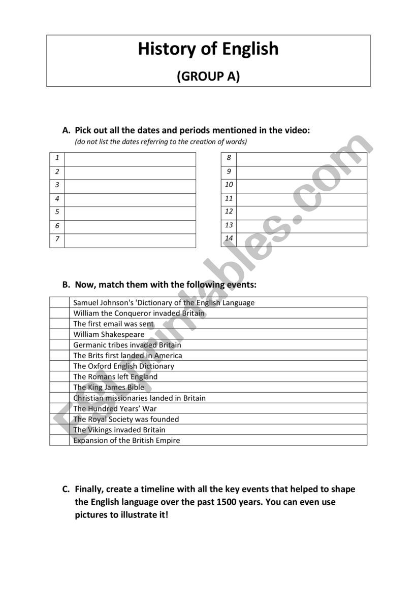 History of English worksheet