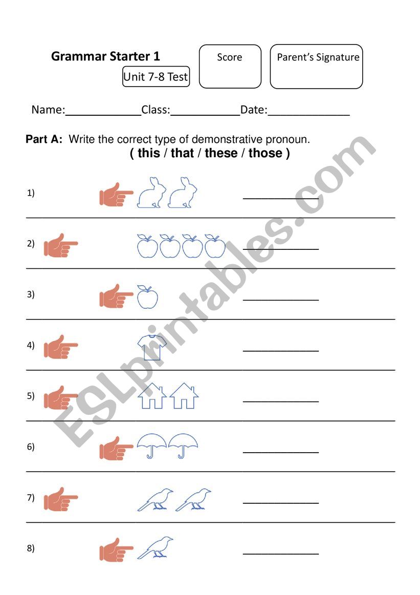 Grammar Demonstrative pronoun test u7-8