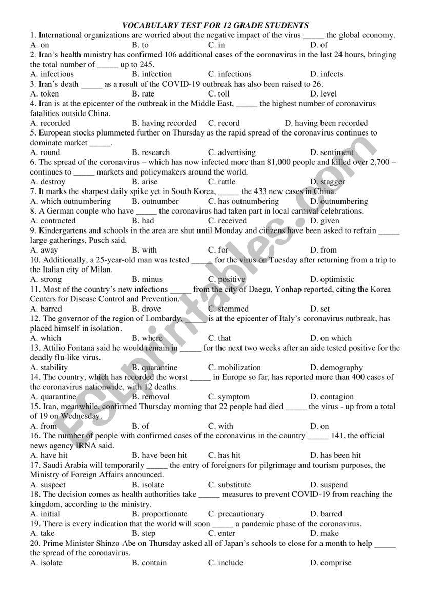 Vocabulary test worksheet