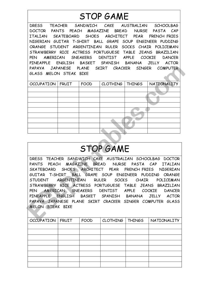 Stop game worksheet