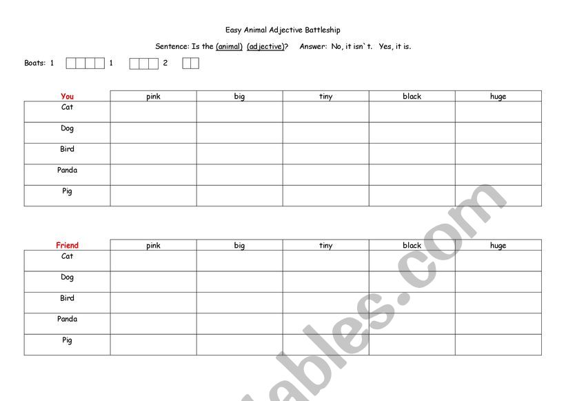 Animal Adjective Battleship worksheet