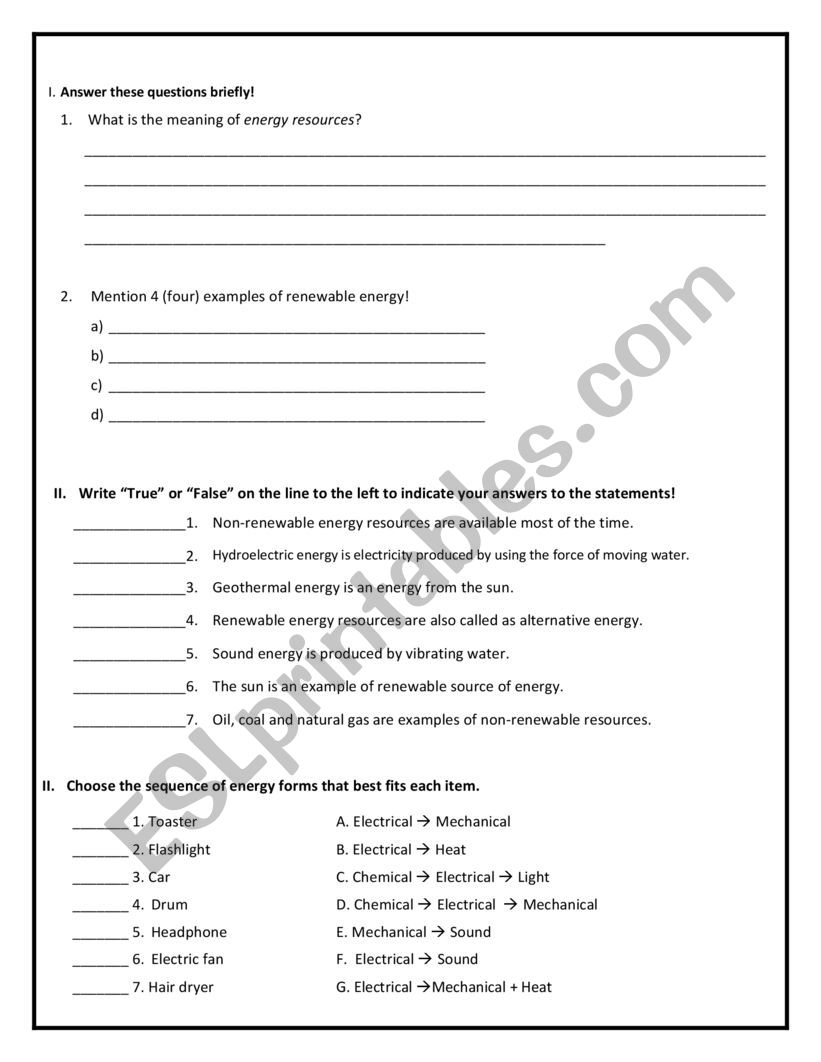 Energy & Resources  worksheet