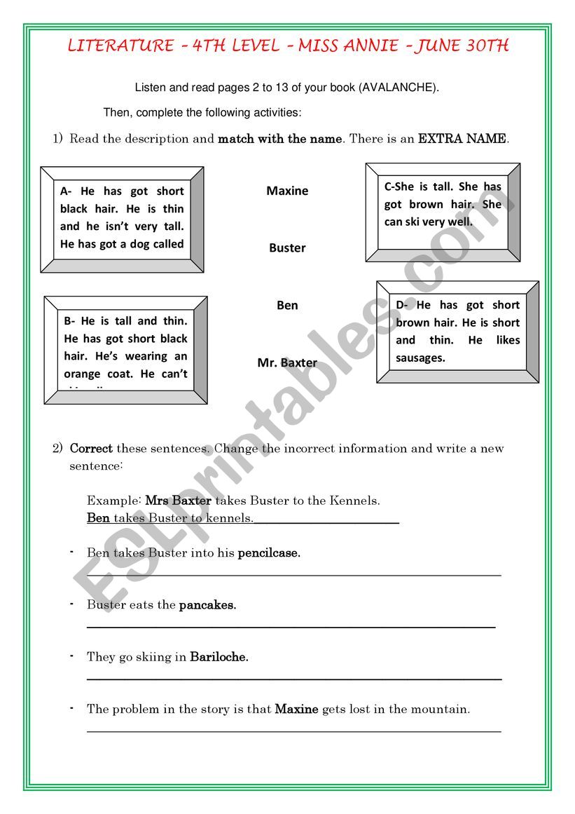 Literature activity worksheet