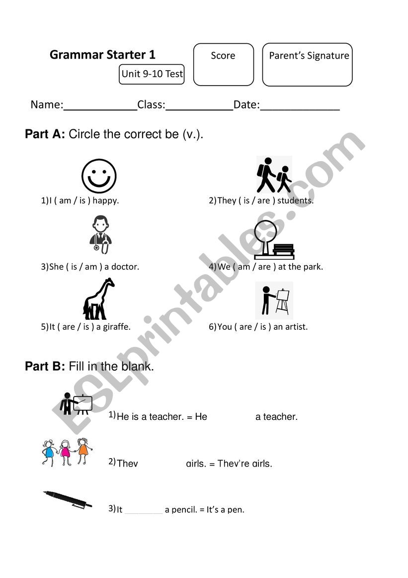 Grammar test u9-10 be verb  worksheet