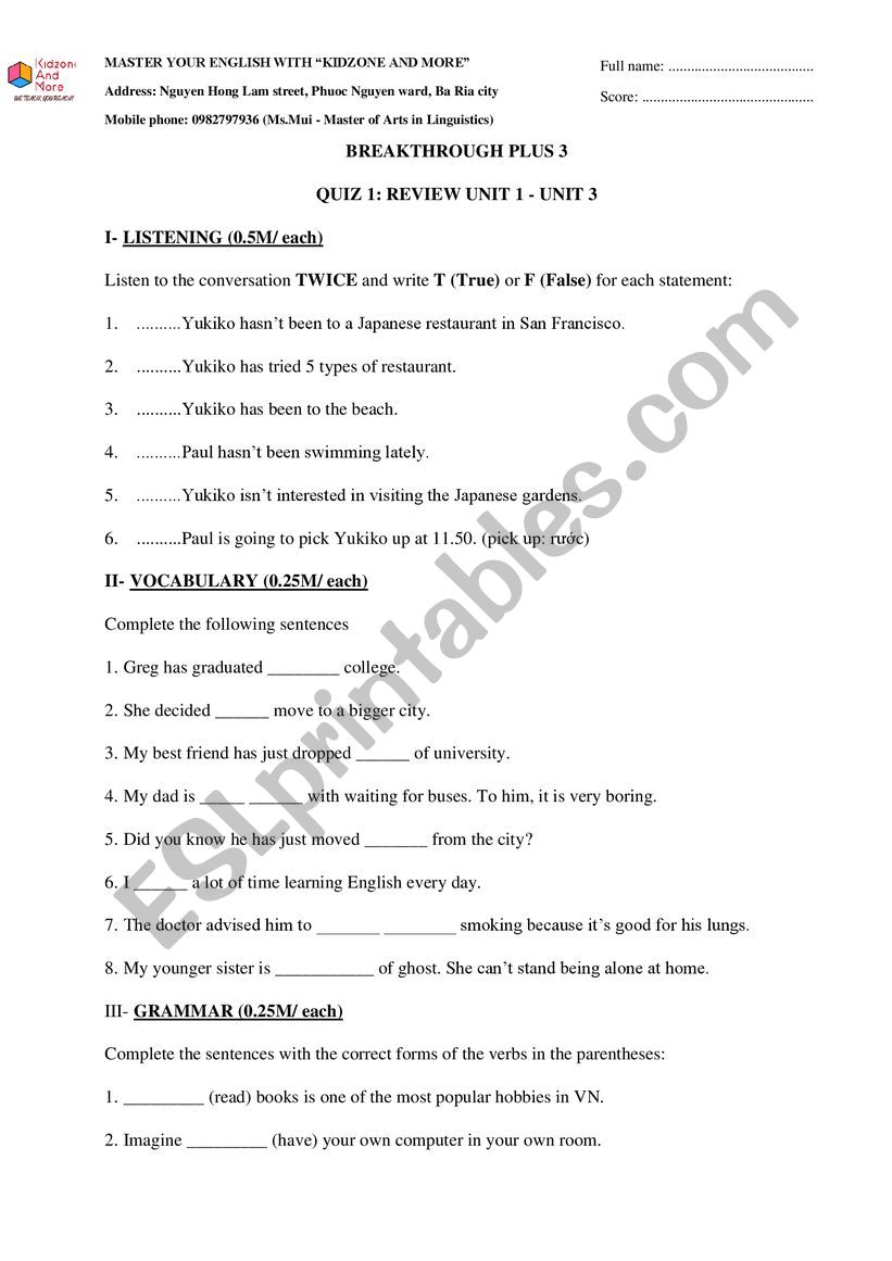 BREAKTHROUGH PLUS 3: REVISION (U1-U3)