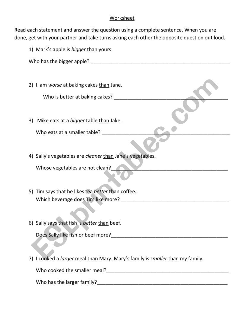 Comparative Adjectives Worksheet