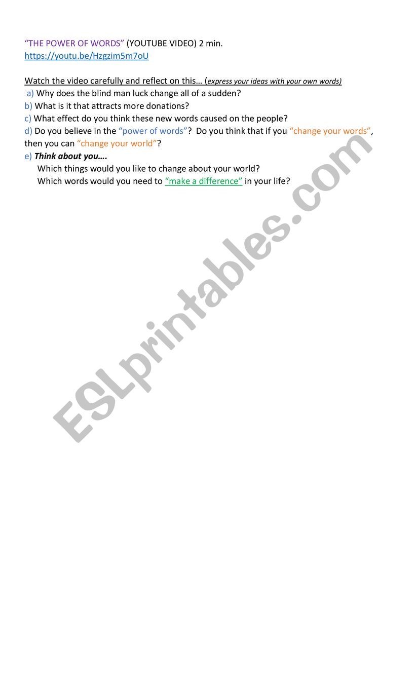 The Power of words worksheet