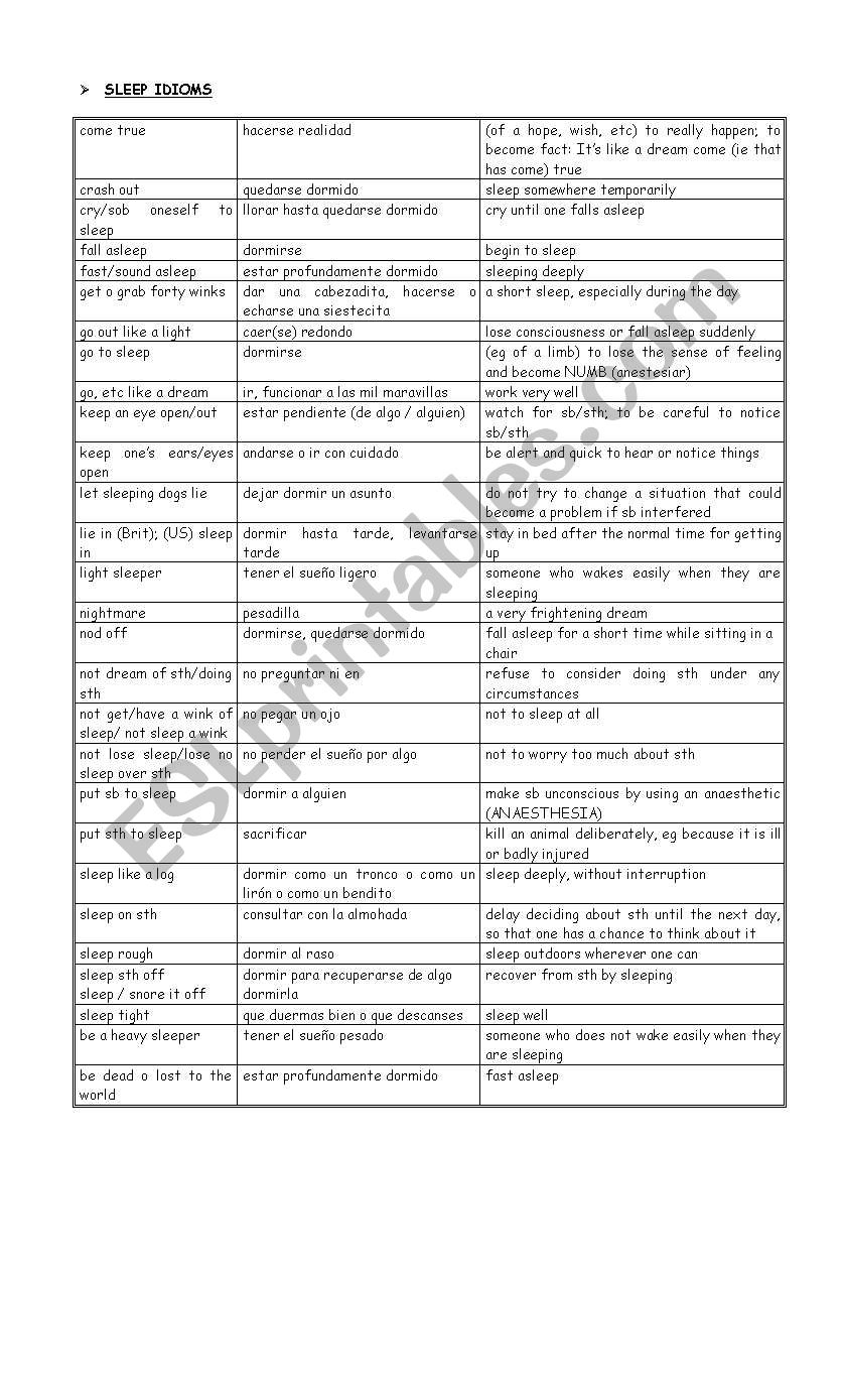 sleep idiom worksheet