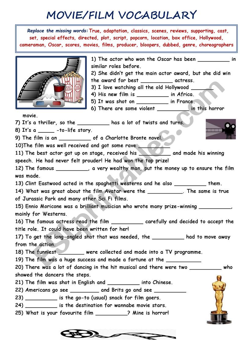 Film/movie vocabulary worksheet