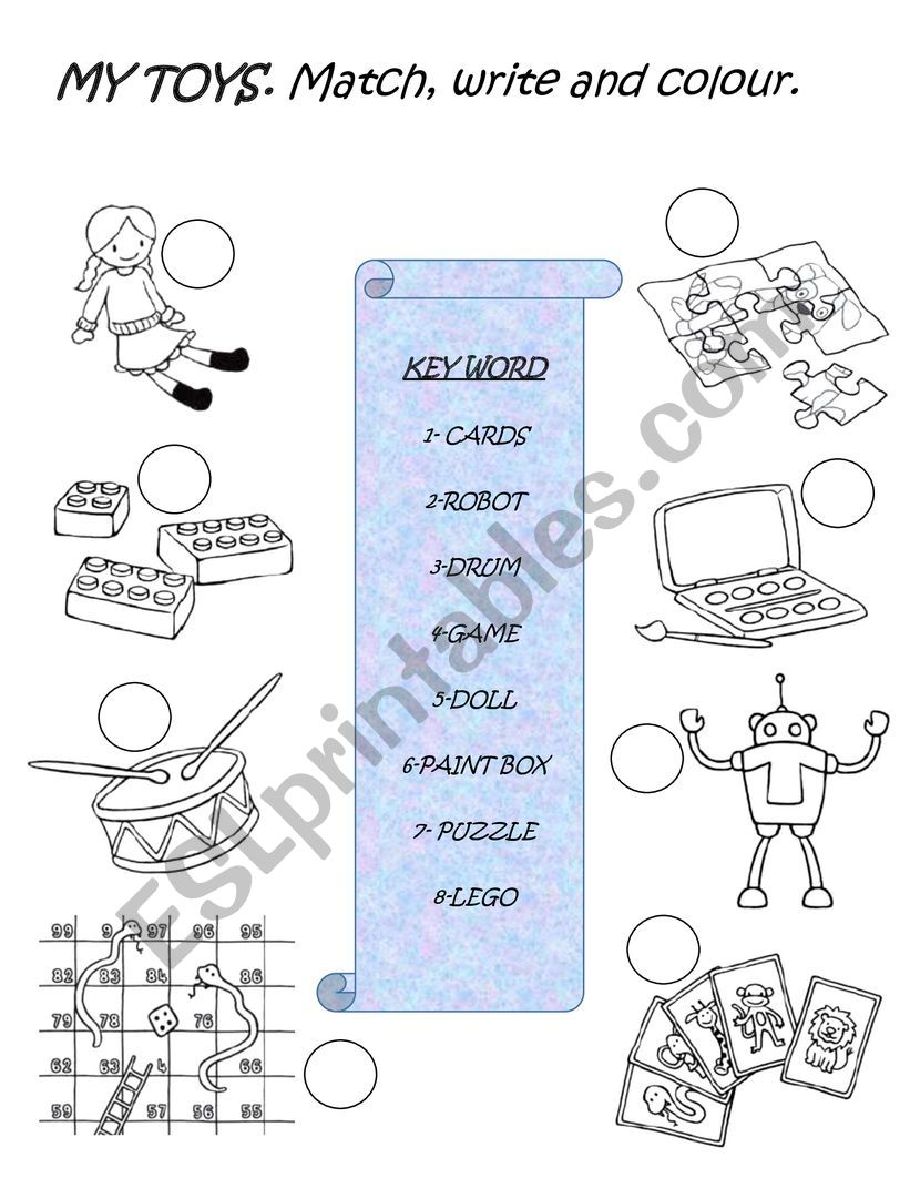 New Treetops 2 -Unit 5- My Toys. Match, write and colour.
