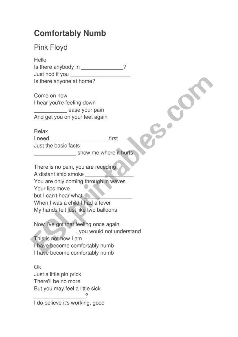 Comfortably numb - complete worksheet