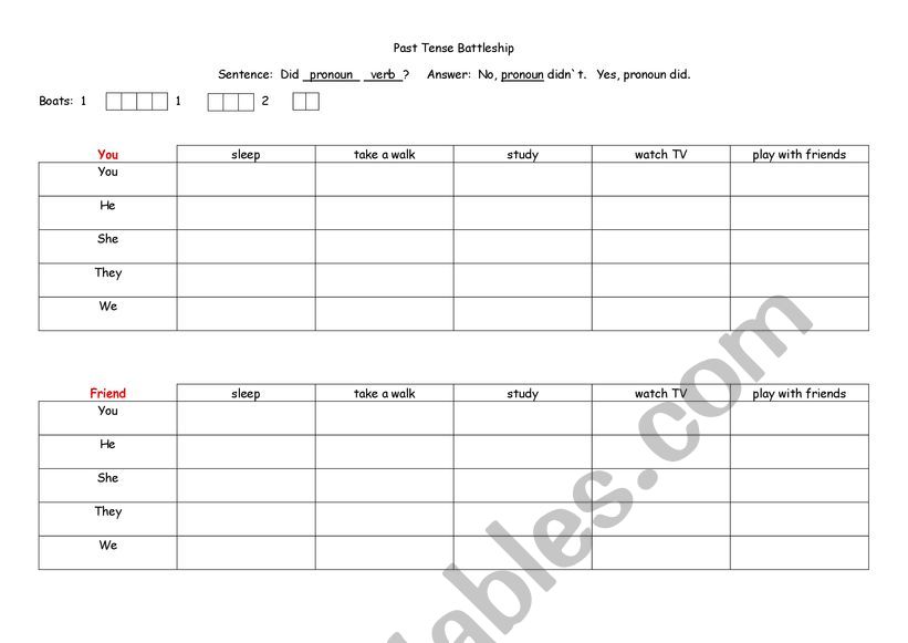 Simple Past Tense Battleship worksheet